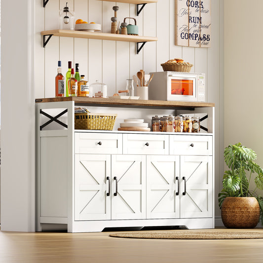 Buffet Sideboard 140cm With Storage Space, Coffee Bar With 3 Drawers, Console In Country Style With Doors, Cabinets With Shelves, Suitable For Kitchen, Living Room, Hallway, Rustic Style White Brown