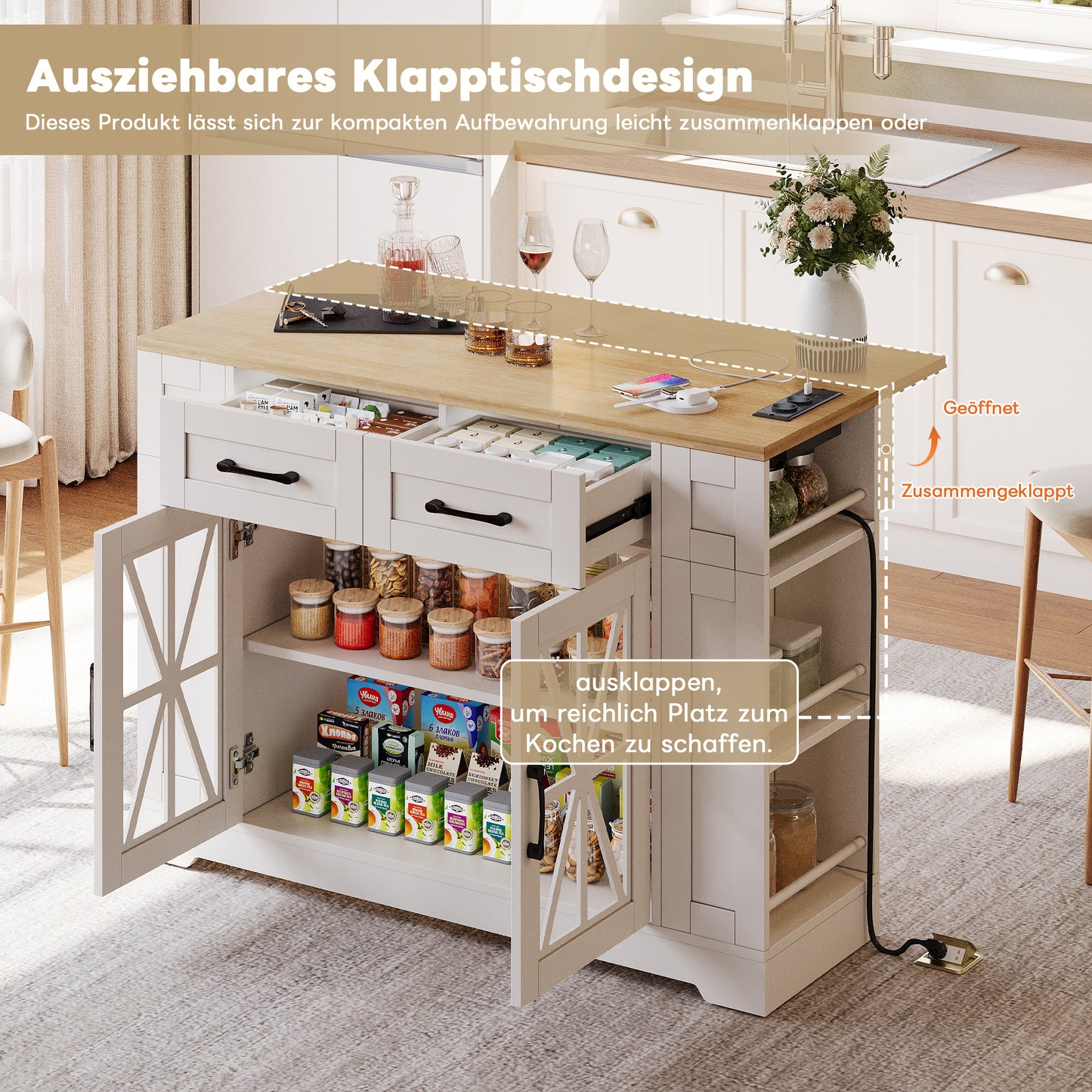 120cm Portable Kitchen Island With Folding Dining Table, Open Shelf, AC Port, USB Port, Glass Door, Adjustable Laminate, Casters With Brakes For Kitchen, Dining Room, Living Room And More.