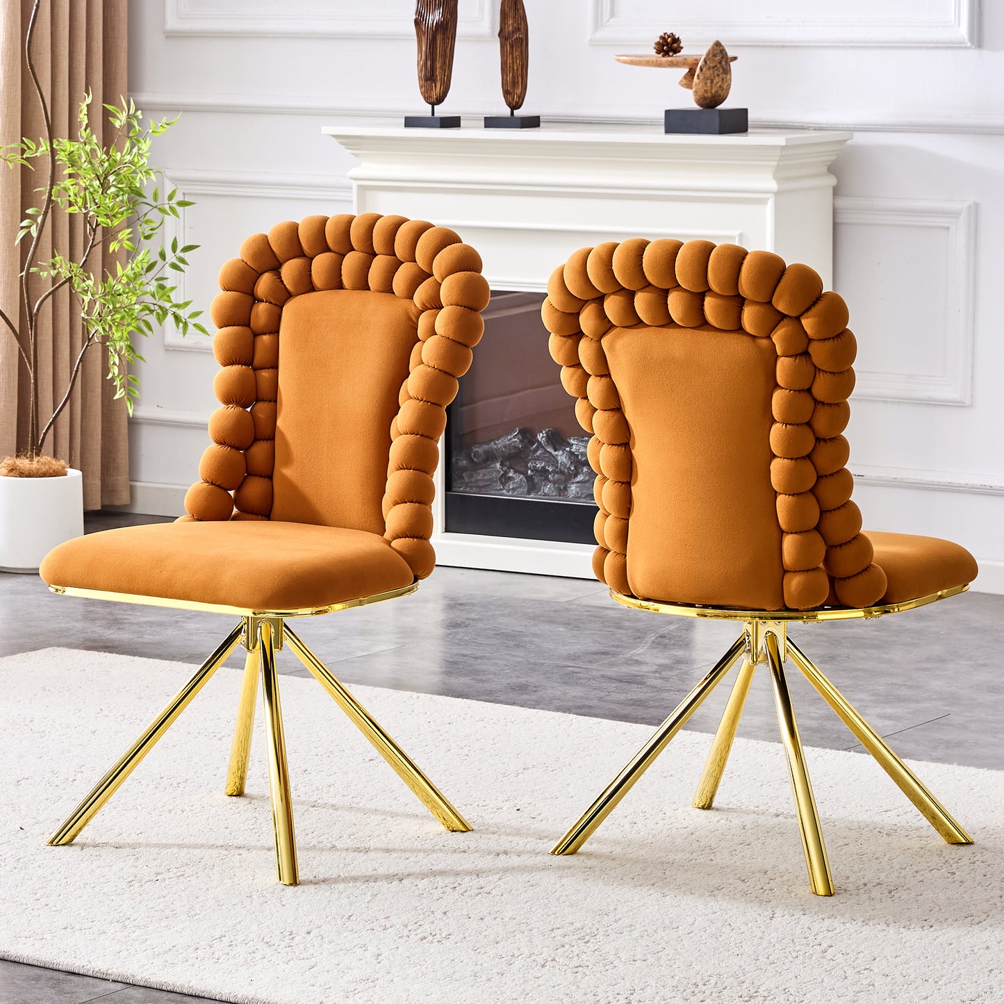 Set Of 2 Orange Puffy Bubble Chair Ball Chain Chair Velvet Dining Chairs With Gold Legs, Modern Upholstered Accent Chairs For Dining Room & Kitchen