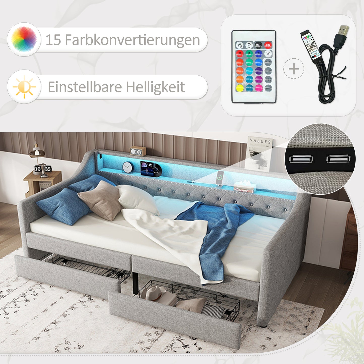 Daybed, 90 X 200cm, Sofa Bed, Daybed With Slatted Base  Without Mattress , Ambient Light With Remote Control, Bed With Two Drawers, USB Charging Socket, Linen, Grey