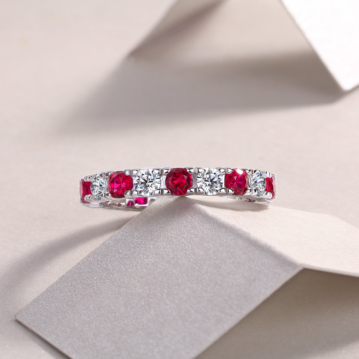 2.4g S925 Sterling Silver Platinum Plated Eternity Ring  Synthetic Ruby & White Stone Alternating Band, Dainty Stackable Promise Ring For Women, Jewelry Gift Box Set