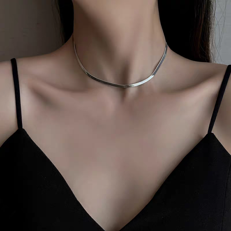 1pc 999 Sterling Silver Flat Snake Bone Necklace, Minimalist Style, Perfect For Daily Wear And Valentine's Gift