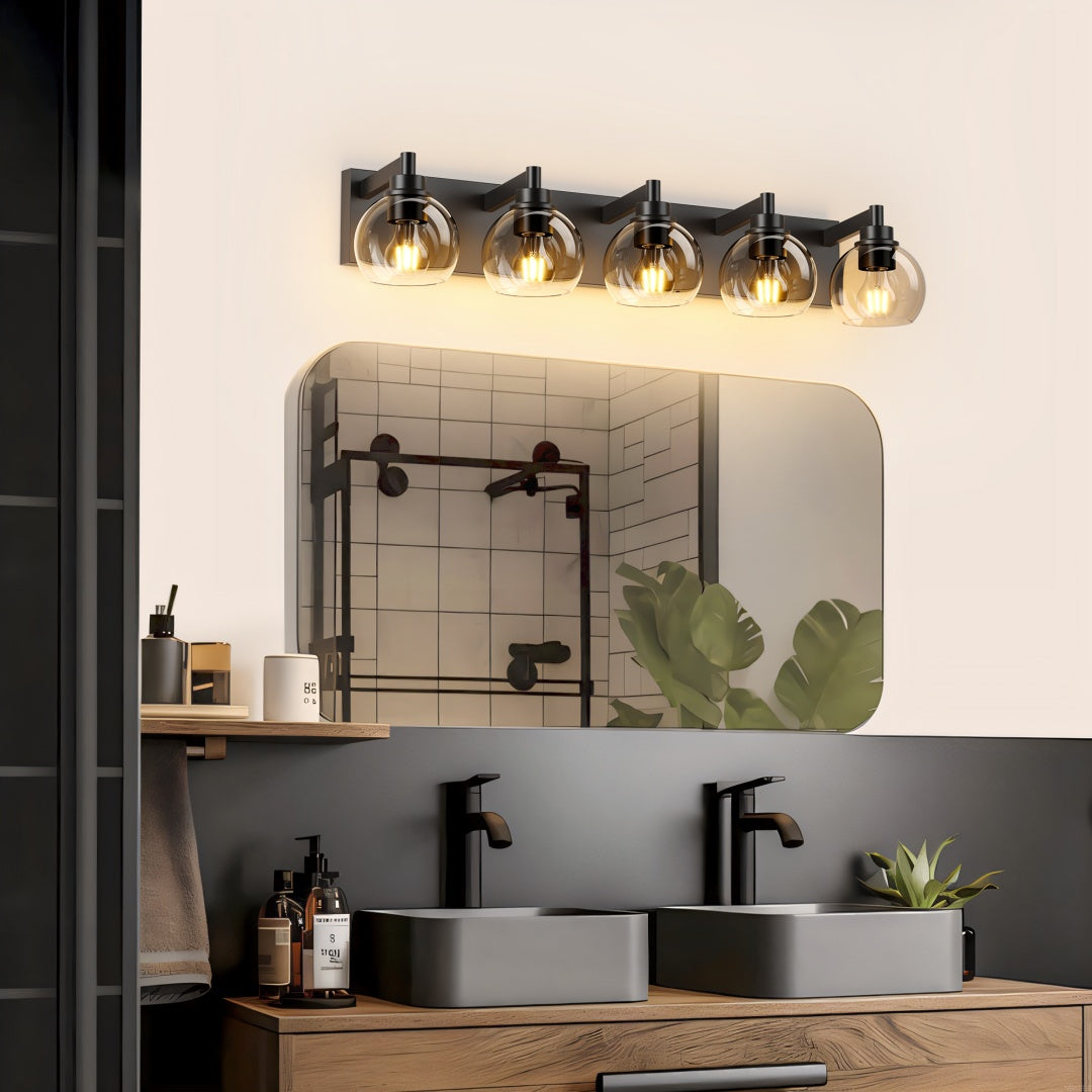 Bathroom Light Fixtures Over Mirror 5-Lights Bathroom Vanity Light With Clear Globe Glass Shade Modern Black Vanity Light Wall Sconce Vanity Lighting For Bath  Bulbs Not Included