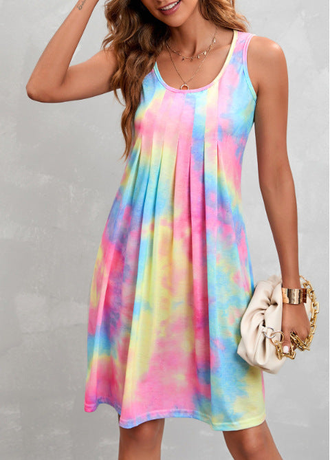Beauty Clothing Sleeveless Round Neck Pleated Tie-dye Print Dress