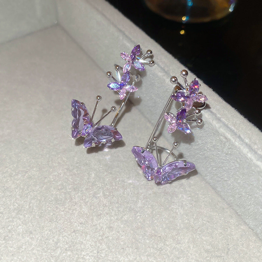 Korean Cute Purple Crystal Flower Earrings Women Premium Elegant Studs Versatile Everyday Wear
