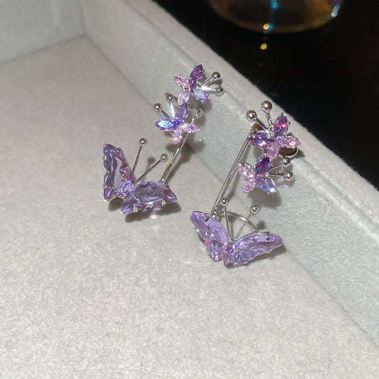 Korean Cute Purple Crystal Flower Earrings Women Premium Elegant Studs Versatile Everyday Wear
