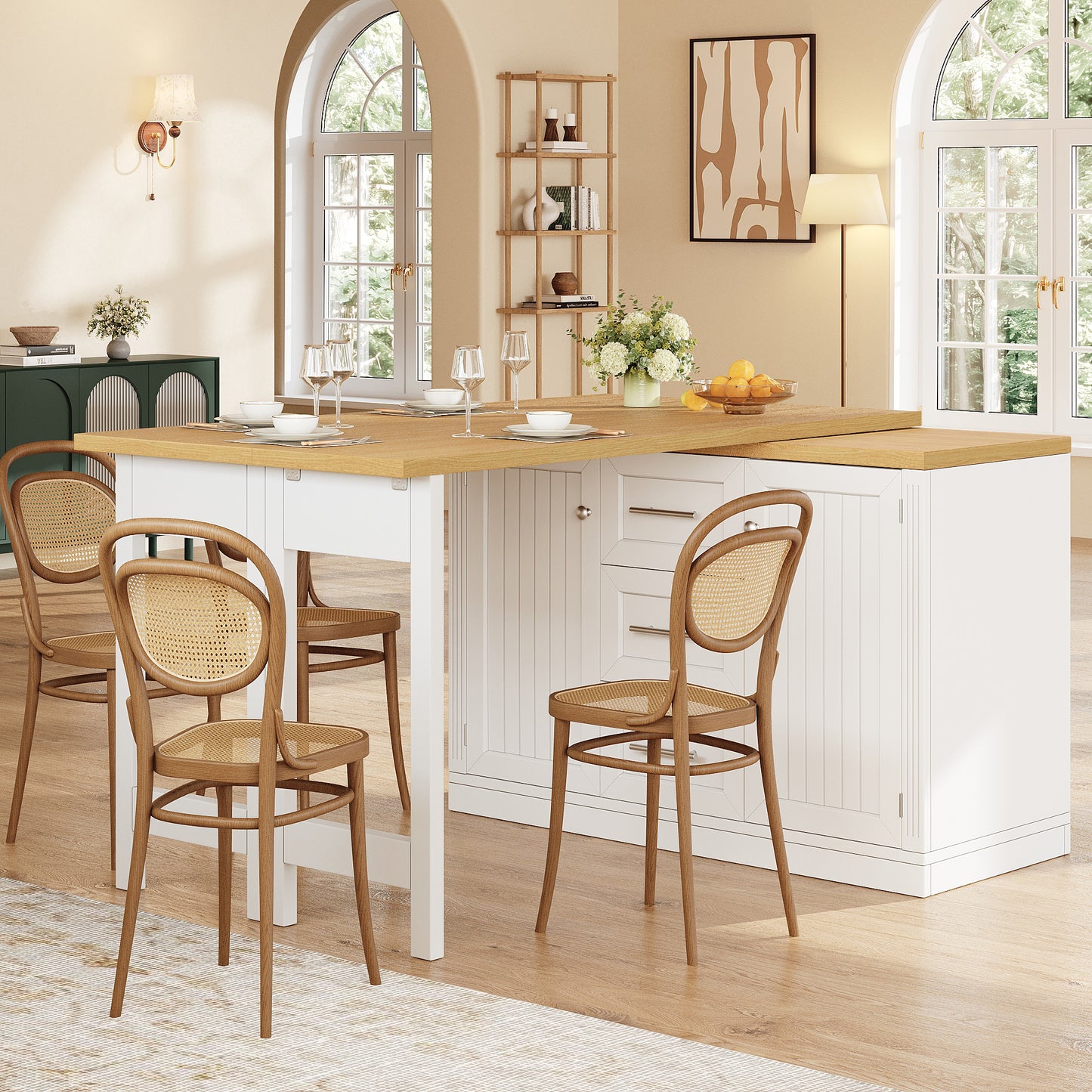 Extendable Sideboard & Table Combo, 120-180 Cm Adjustable Dining Table With Storage, 3 Drawers & Snack Racks, Space-Saving Kitchen Island For Small Flats, White Antique Green