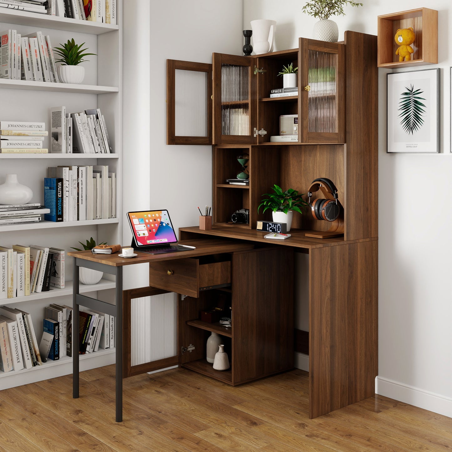 Computer Desk With Glass Door For Home Office Or Study Desk,  Bookshelf & Hutch, Computer Desk With 90 Degree Rotating Desktop,Large Working Space