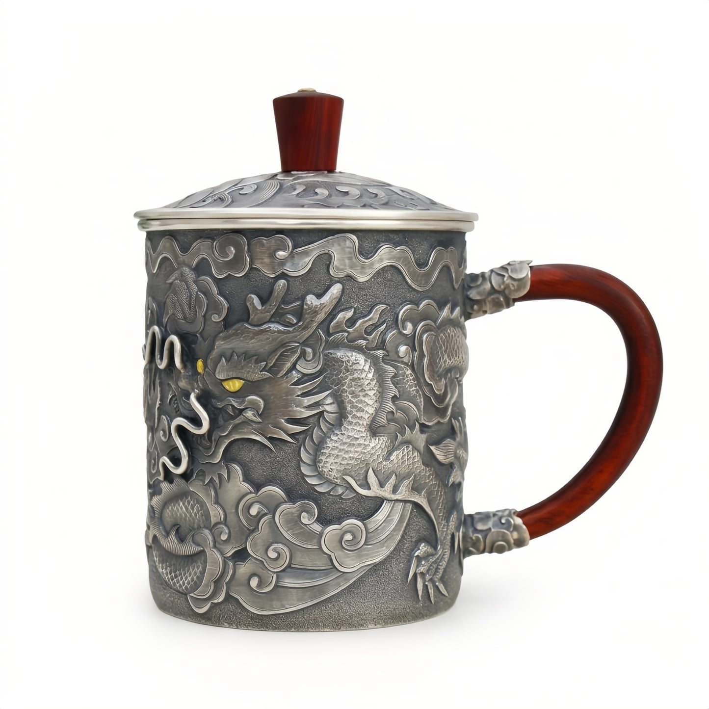 925 Sterling Silver Handcrafted Silver Dragon Relief Tea Mug with Rosewood Handle and Lid - Handicraft