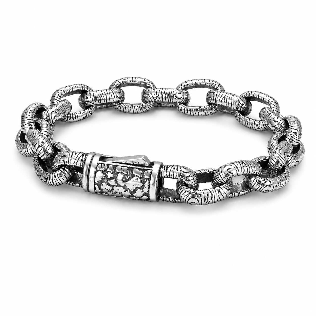 Antique Bark Textured Thick Oval Link Bracelet For Men, Copper Plated Silver Vintage Oxidized Biker Punk Heavy Duty Wrist Jewelry Gift
