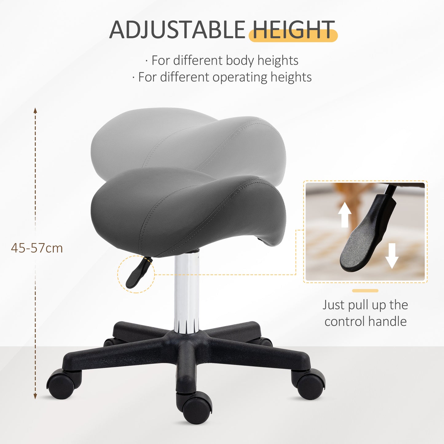 Saddle Stool, PU Leather Adjustable Rolling Salon Chair With Steel Frame For Massage, Spa, Beauty And Tattoo, Grey