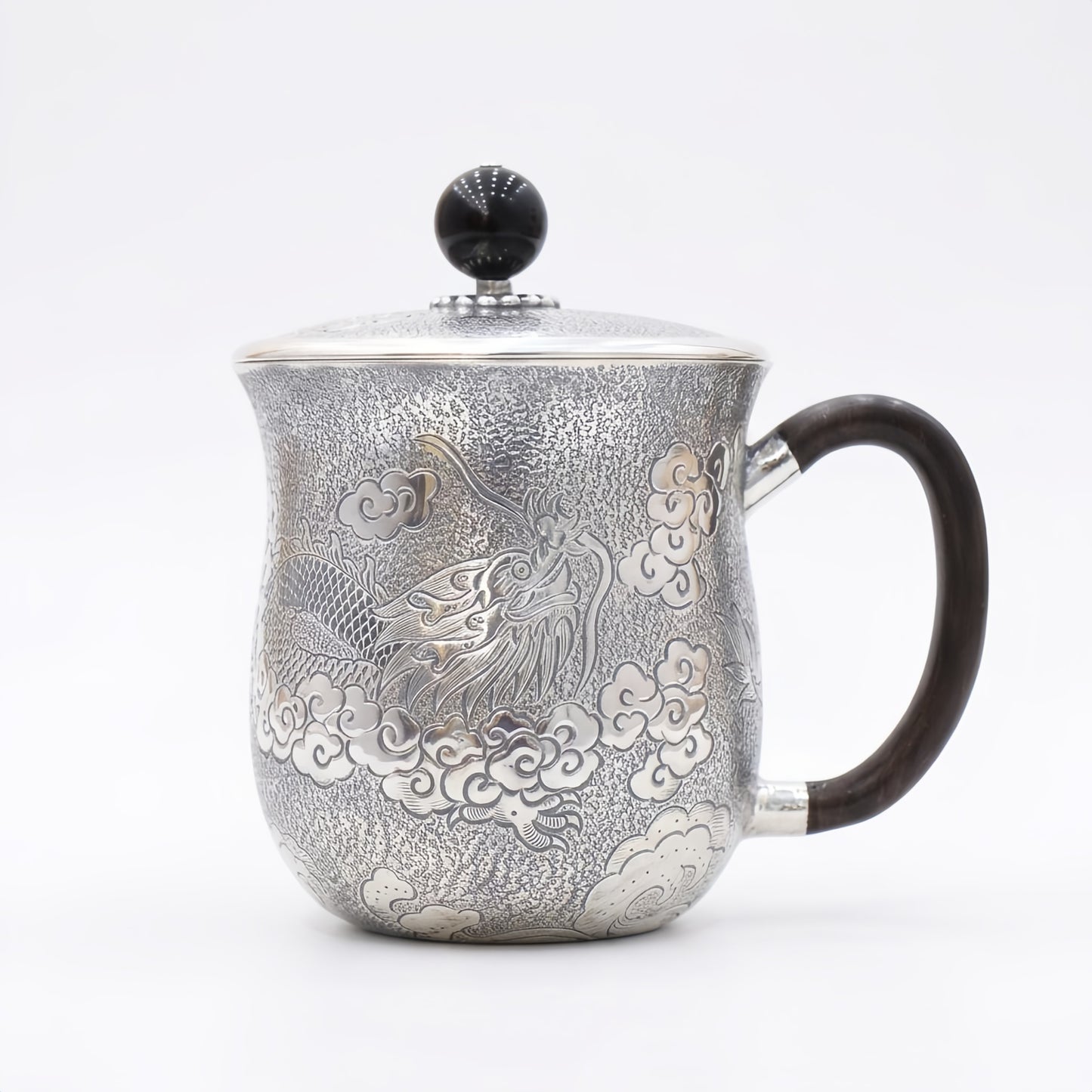 Pure 999 Fine Silver Ornate Handcrafted Silver Dragon Tea Mug with Dark Wood Handle and Lid - Handicraft