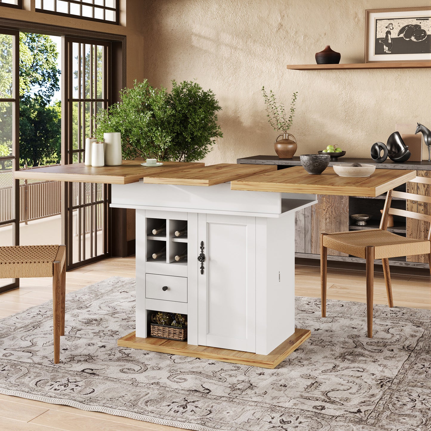 Telescopic Dining Table  110-140x80cm , Foldable Kitchen Table For 4-6 People, Extendable Dining Table, Space-saving Kitchen Table, For Kitchen And Living Room, Dining Table With Wine Rack And Drawers
