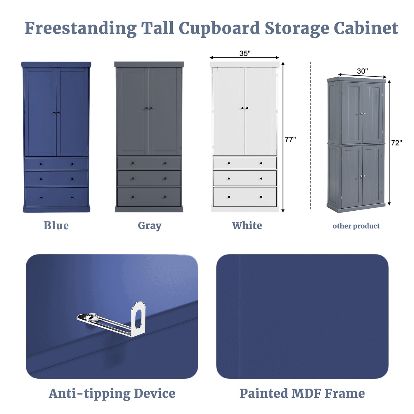 TOPMAx 77inch Farmhouse Kitchen Pantry  Freestanding Tall Cupboard Storage Cabinet With 3 Adjustable Shelves  8 Door Shelves  3 Drawers For Kitchen  Dining Room  Blue