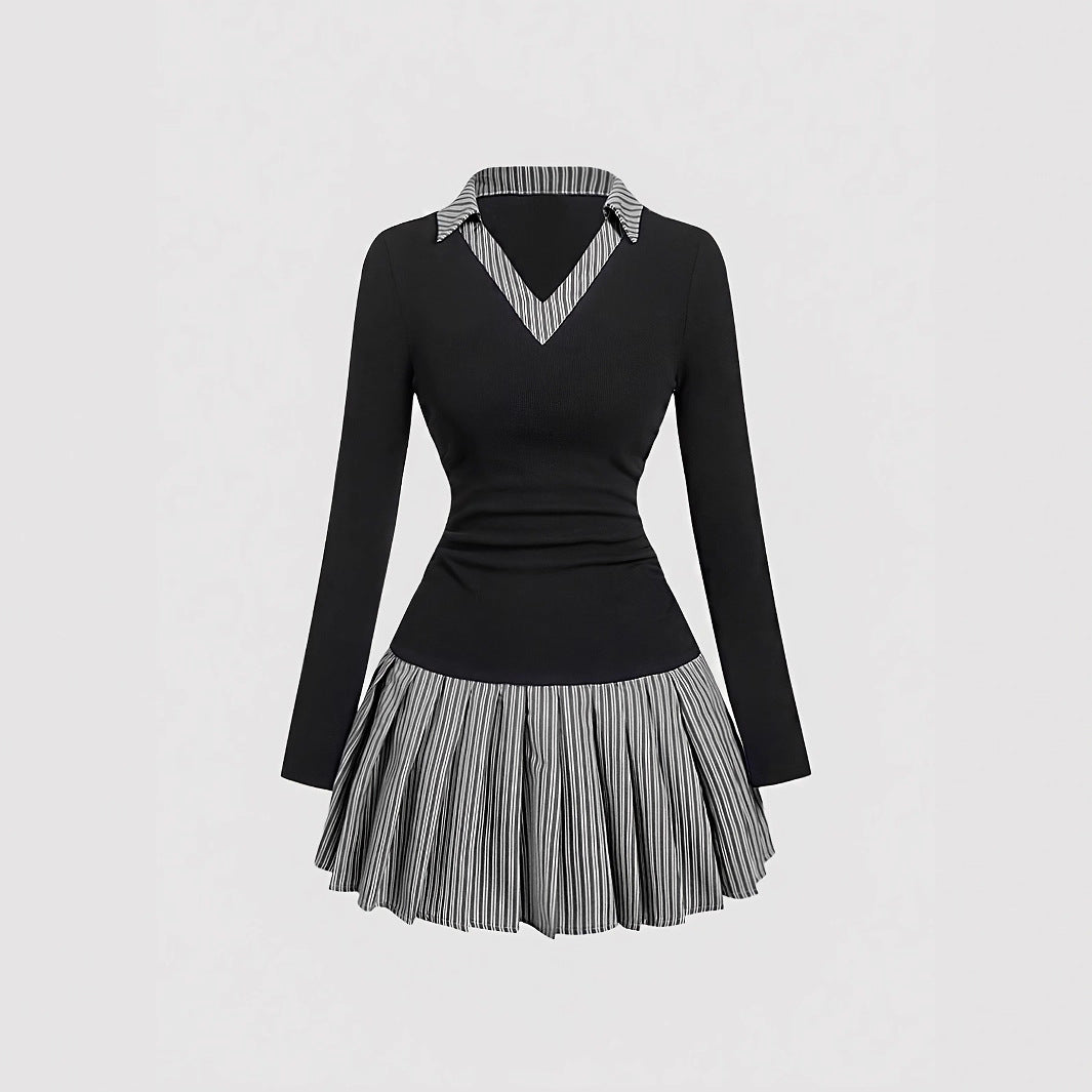 Korean-Style Preppy Striped Patchwork Two-Piece-Look Dress