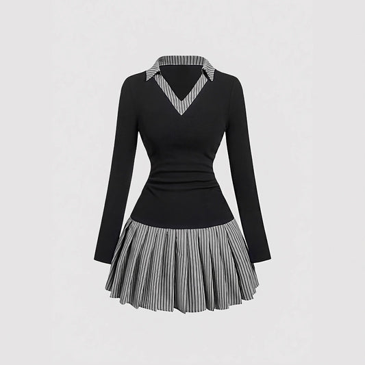 Korean-Style Preppy Striped Patchwork Two-Piece-Look Dress