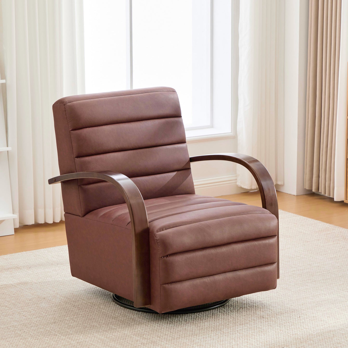 30.7 W Modern Upholstered 360 Swivel Accent Chair With Solid Wood Armrests And Comfy Channel Tufted Lounge Reading Chair, Single Sofa Armchair For Hotel Bedroom Living Room Office And Bedroom. Brown