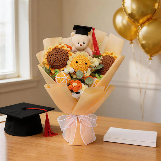 Graduation Handmade Crochet Bouquet, Knitted Sunflowers With Graduate Bear, Eternal Yarn Flower Gift For Graduation & Home Decoration