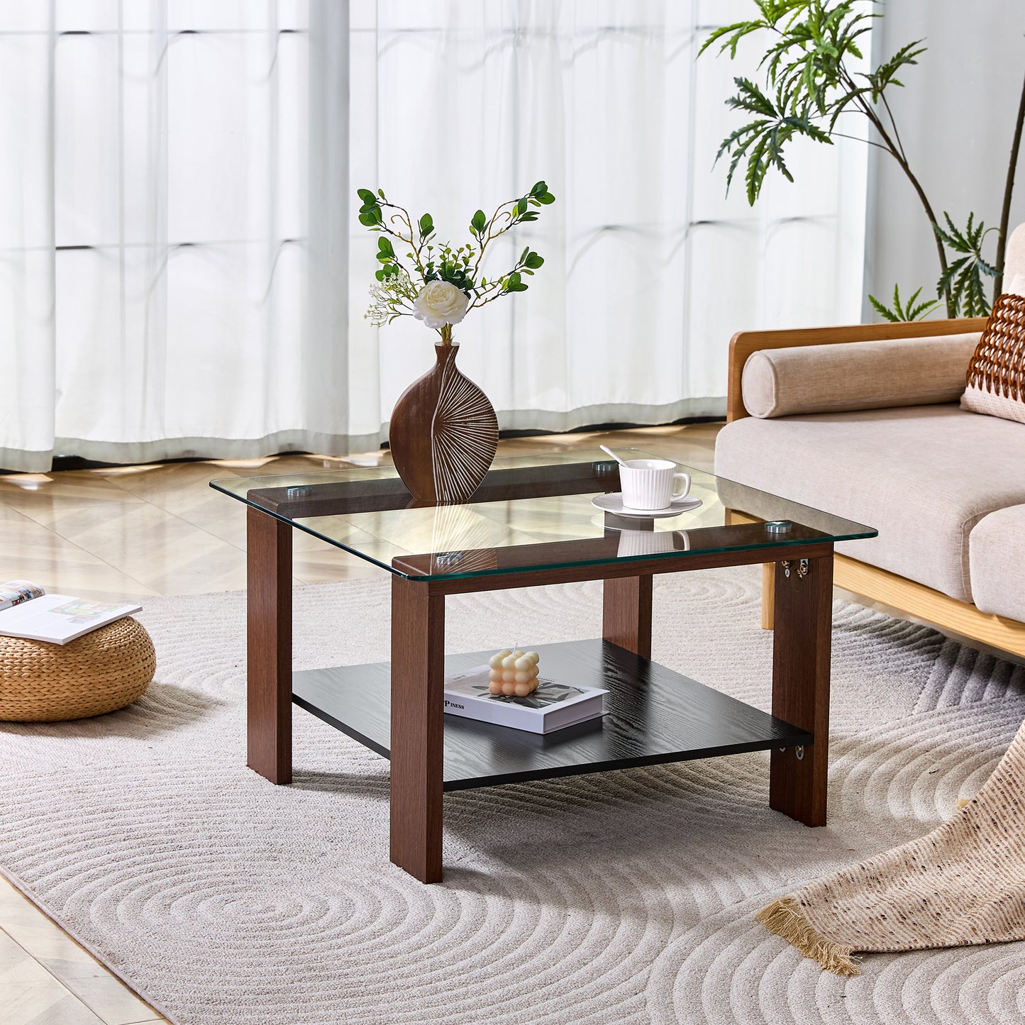 Modern Coffee Table With Storage, Tempered Glass Top And Walnut Wood Legs, 65x41x45.5cm, Contemporary Living Room Table For Home Office, Apartment And Small Rooms