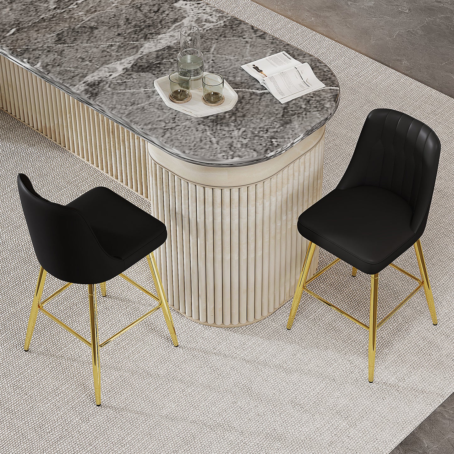 Set Of 2 Bar Stools, Height 100 Cm, Black PU Leather With Gold-coloured Metal Frame And Comfortable Footrest. Available In Several Colours  The Ideal Choice For Your Home Bar.
