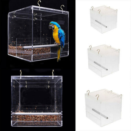 AU Acrylic Automatic Parrot Feeder No Mess Bird Cage Seed Feeding Container Box
