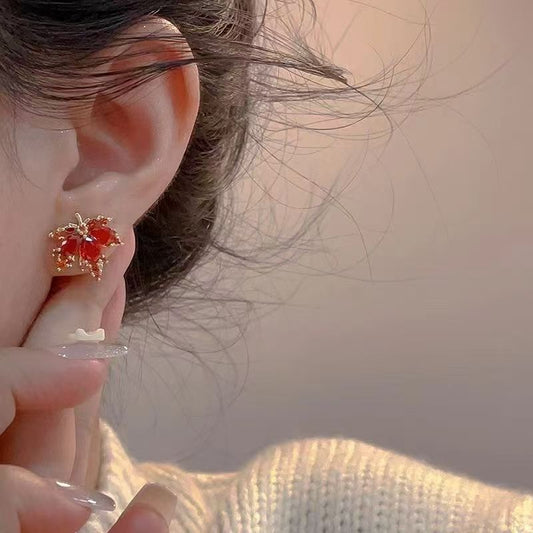 2026 New Red Maple Leaf Stud Earrings, Niche High-End Light Luxury Exquisite Designer Elegant Fashion Ear Jewelry For Women