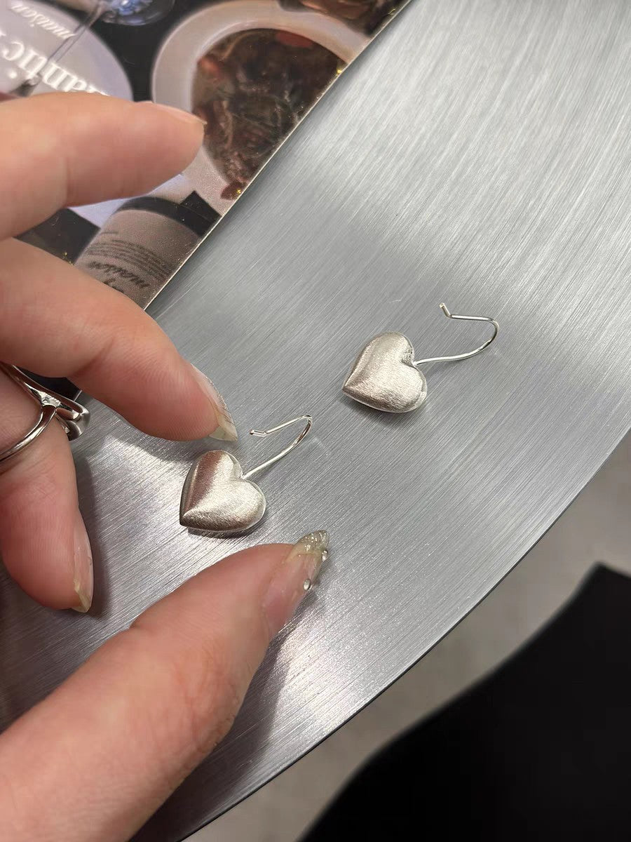 1 Pair 999 Sterling Silver Brushed 3D Heart Hook Earrings, Minimalist & Elegant, Perfect For Daily, Dating & Gifting, Ideal Valentine's Gift