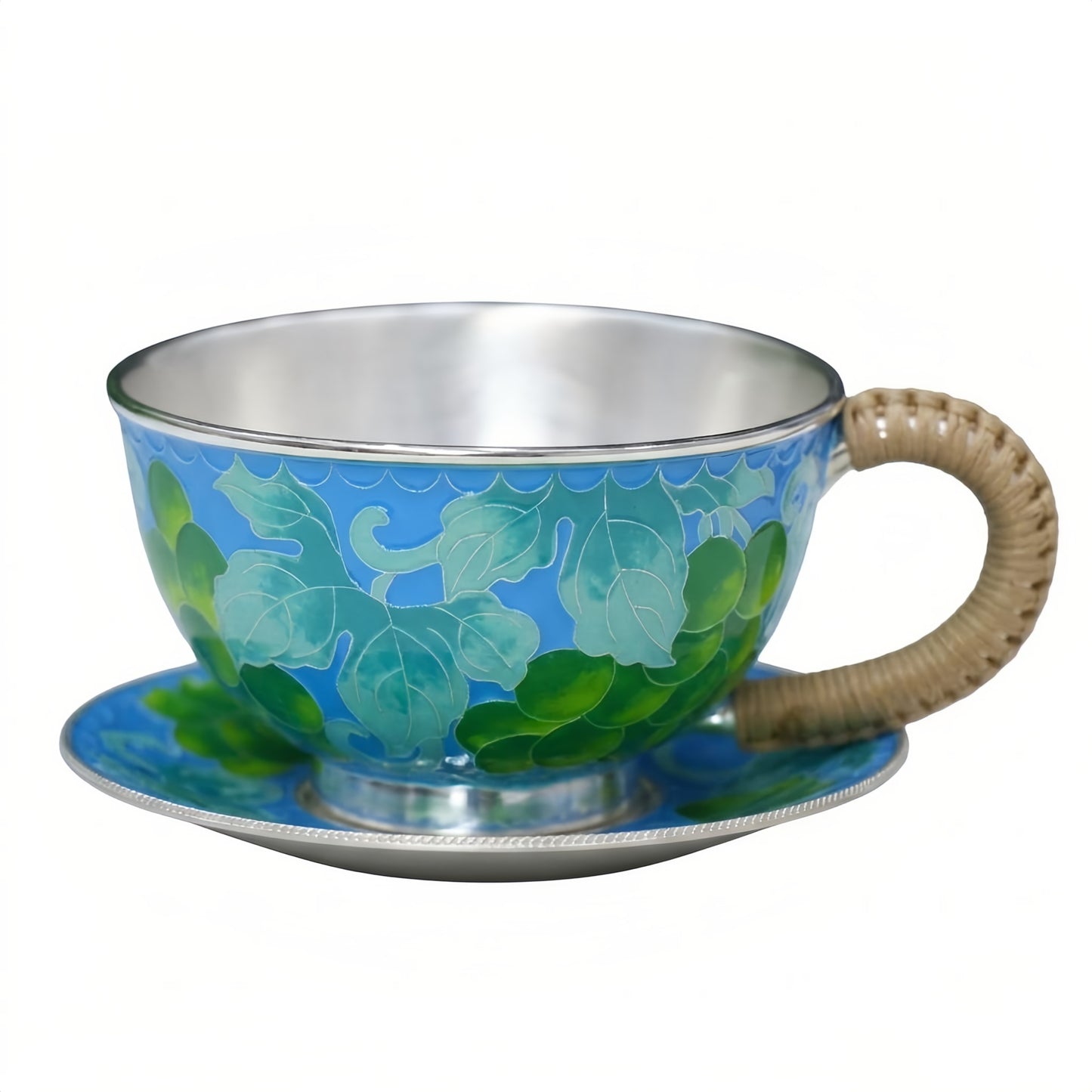 Pure 999 Fine Silver Handcrafted Silver Lined Blue Floral Cloisonné Tea Cup and Saucer Set with Rattan Wrapped Handle - Handicraft