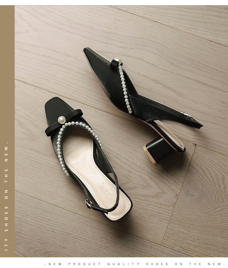 Women Block Heel Closed Toe Sandals, 2026 Summer New Fashion Square Toe Back Strap Pearl Fairy Style High Heel Pumps