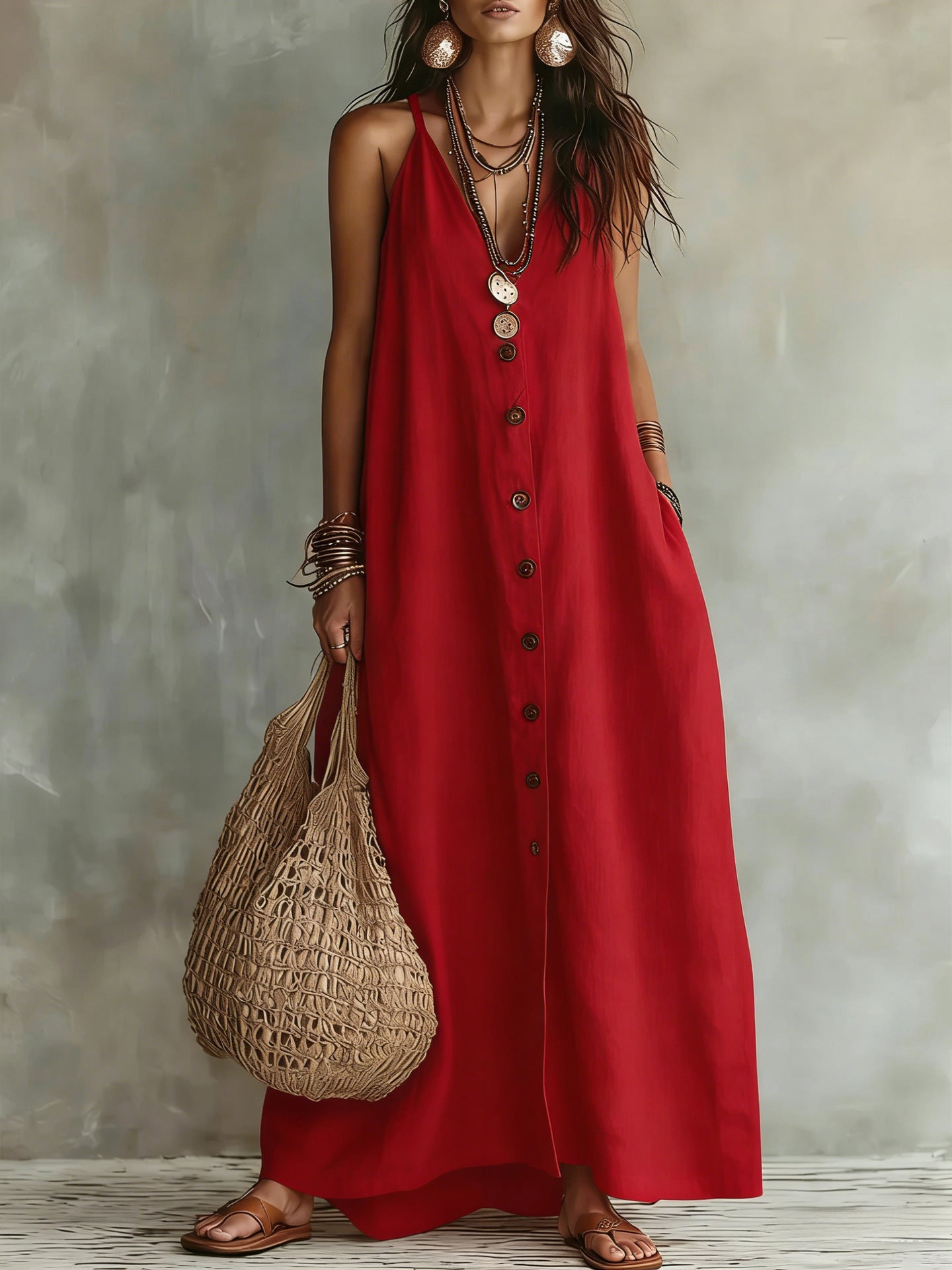 Fashion Casual Women Long Dress Solid Color With Buttons