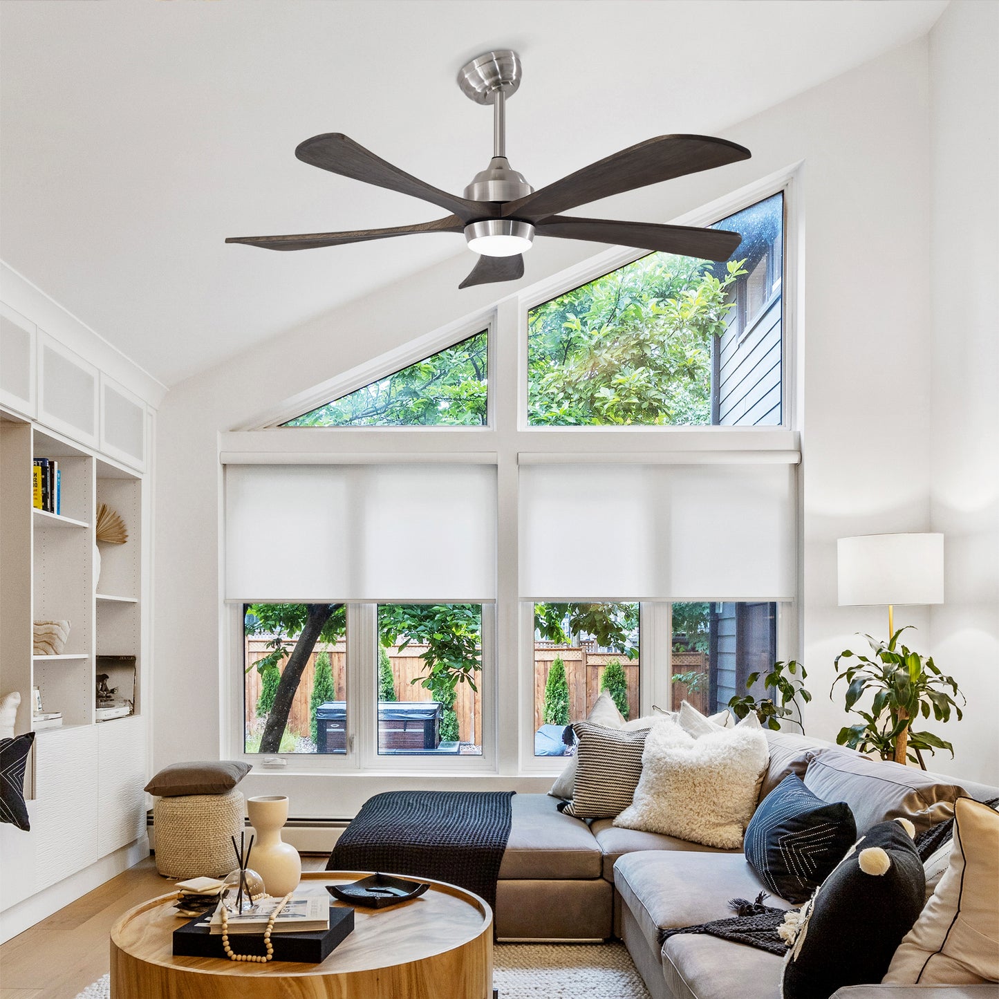 52  5PCS Solid Wood Blades Ceiling Fan With Lights Remote Control,Quiet DC Motor 3 Blade Ceiling Fans 6 Speed Levels,Reversible Ceiling Fan,for Patio Living Room,Bedroom,Office,Indoor. Stain Nickel
