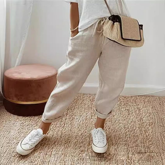 Women's Fashion Cotton Linen Solid Color Casual Pants