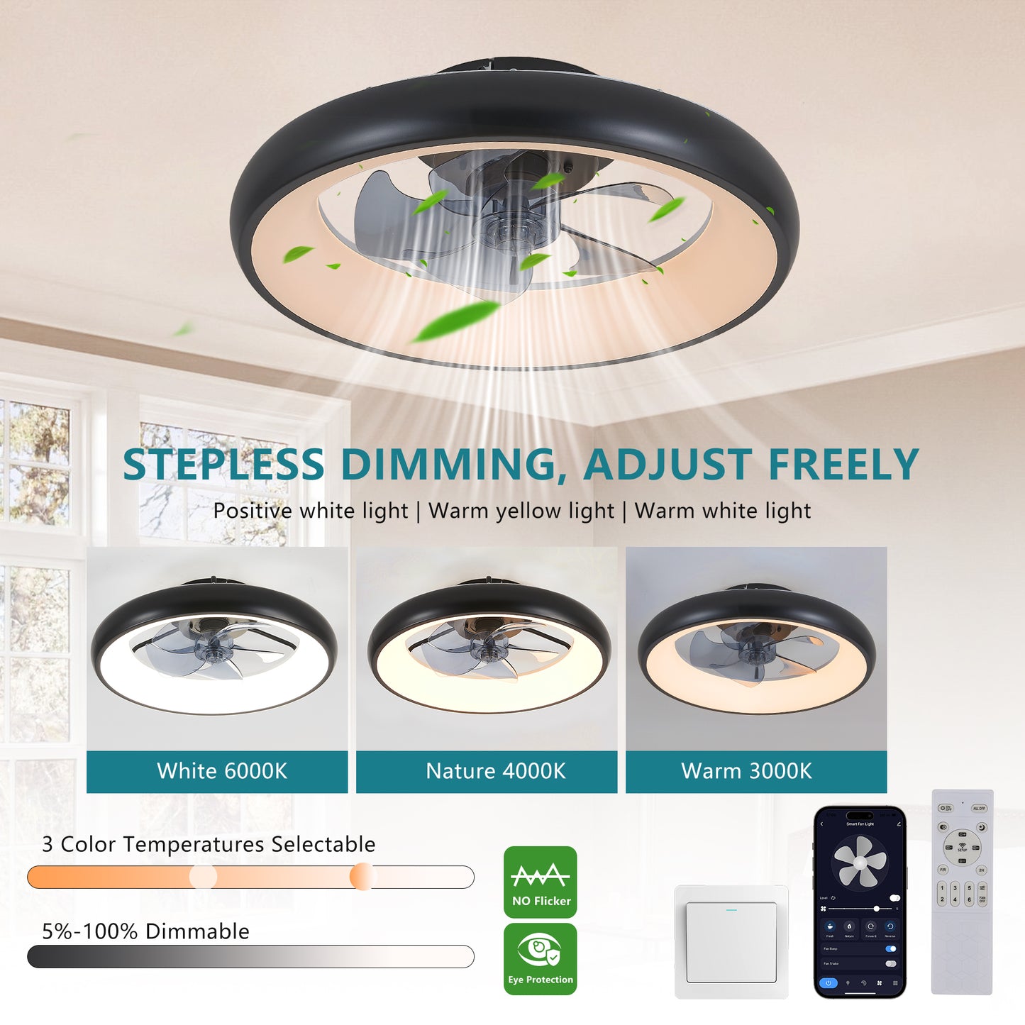 20  Black LED Ceiling Fan Light  Dimmable  Adjustable Color Temperature, APP  Remote Control, Modern Smart Ceiling Fan For Living Room, Bedroom, And Dining Room  Silent 6-Speed Reversible DC Motor