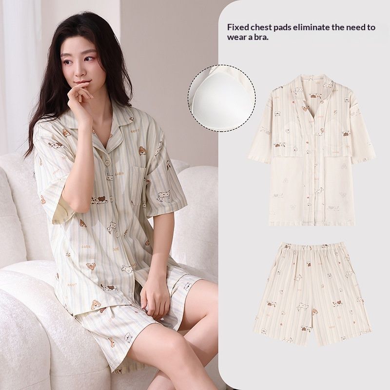 One-piece Cooling Loungewear With Built-in Chest Pads Womens Short-sleeve Pajamas