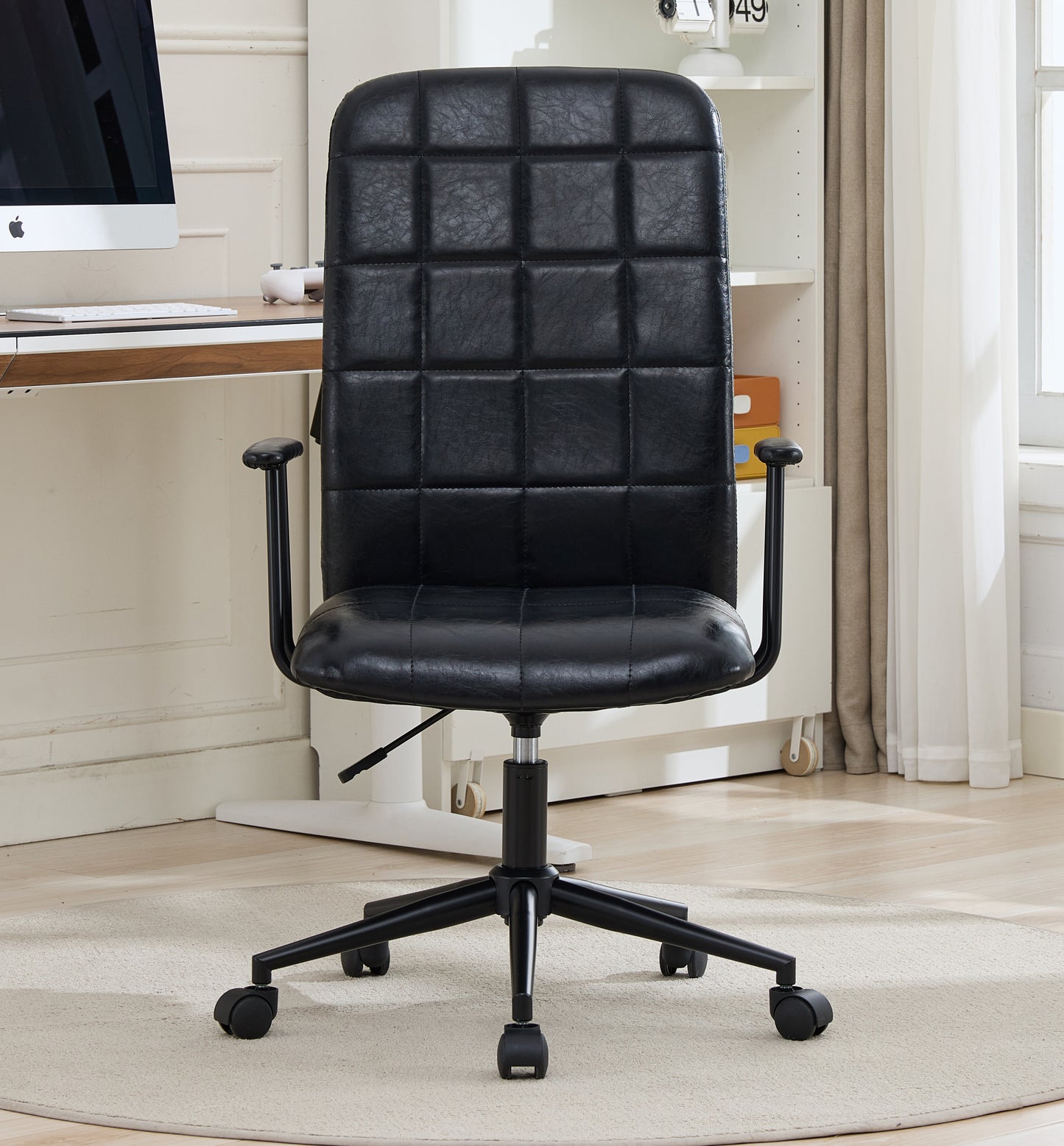 Antique Black PU Leather Color Office Chair, With Armrest, High Backrest, Soft Foam Seating, 360 Degree Swivel , Up And Down Adjustable Gaslift,black Powder Coated Frame,five Star Base, Black Wheels