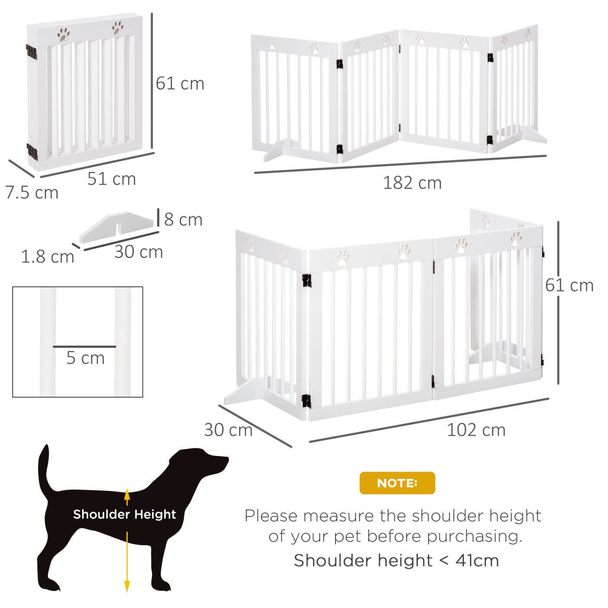 PawHut Freestanding Pet Gate 4 Panel Wooden Dog Barrier Folding Safety Fence With Support Feet Up To 204cm Long 61cm Tall For Doorway Stairs White