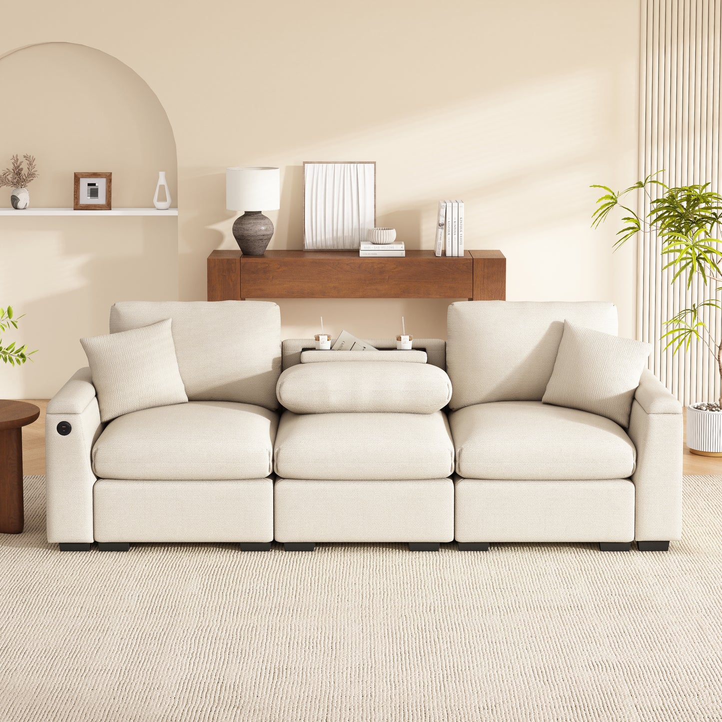 Modern Three-seater Sofa Made Of Chenille, Fabric Sofa With Cushions, Folding Table And USB Port, Cup Holder And Storage Space, A Multifunctional Sofa Suitable For Offices, Apartments And Home Theater