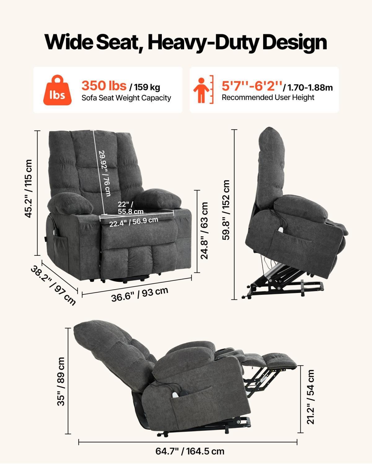 Power Lift Recliner Chair, Large Electric Lift Chair With Heat And Massage For Elderly, Infinite Position Adjustment, Chenille Fabric, With Side Pockets, Cup Holders And USB Port, Dark Gray