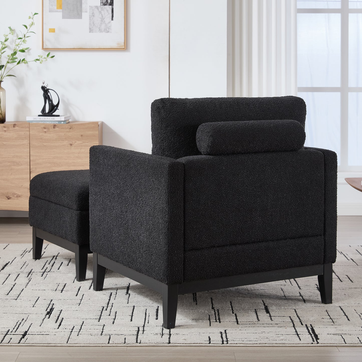 35.4  Wide Farmhouse Performance Upholstered Wood Base Square Accent Arm Chair With Ottoman Black Finish Legs With Reversible Lid Coffee Table For Living Room Office And Lounge,Black Boucle