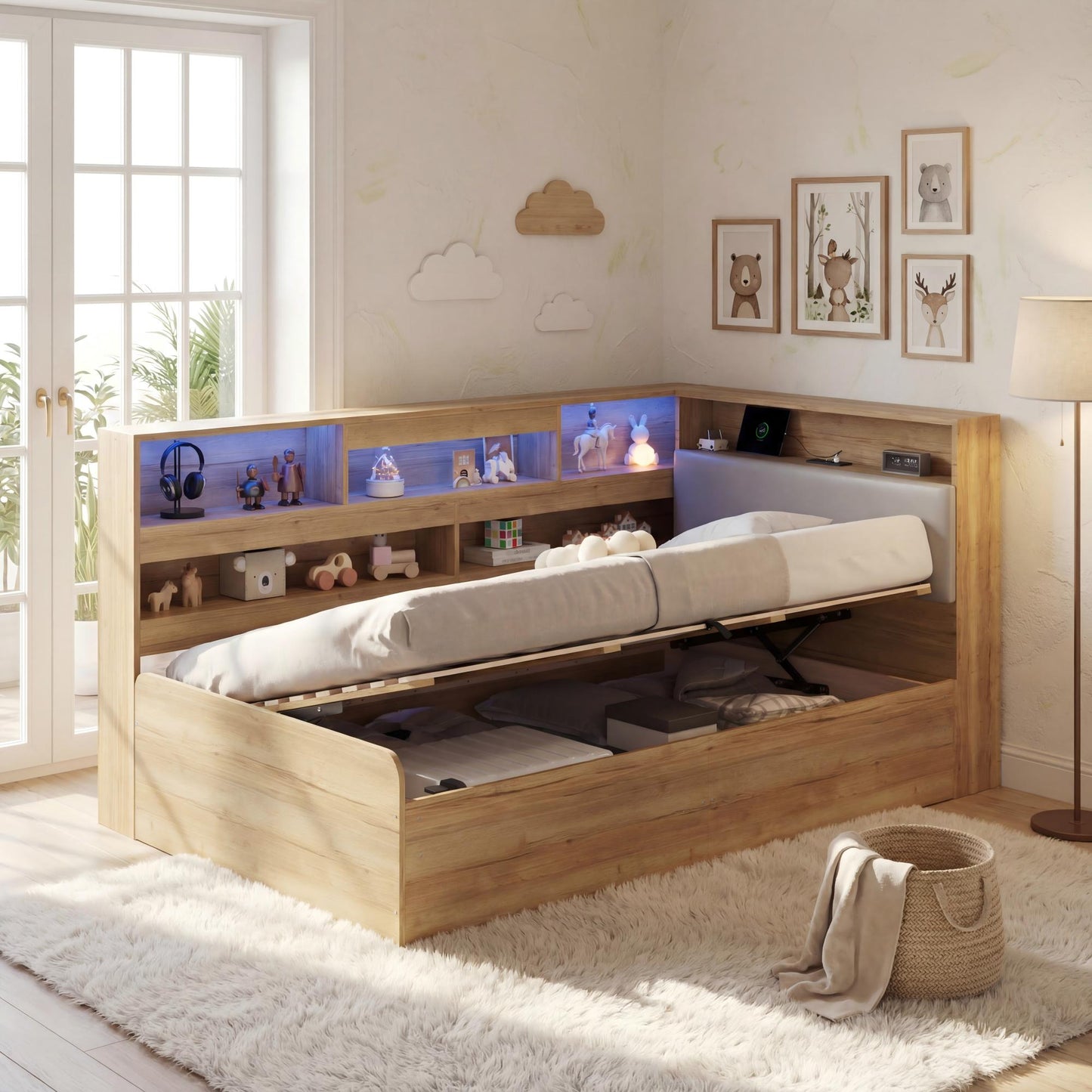 Daybed, Hydraulic Storage Bed, Children's Bed 90x200cm, Wooden Bed, Youth Bed, With USB Charging Station And LED Lighting, Natural Colour