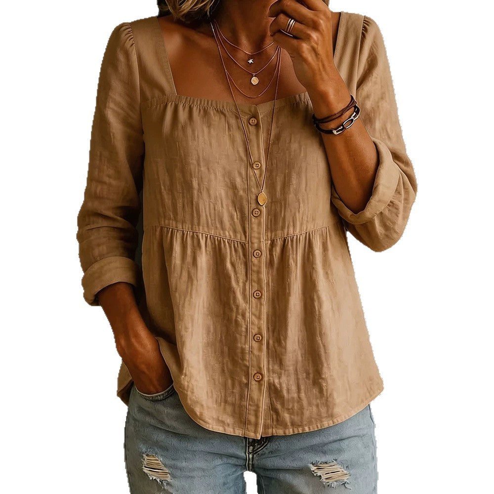 Womens Fashion Solid-color Long-sleeve Square-neck Button-up Shirt