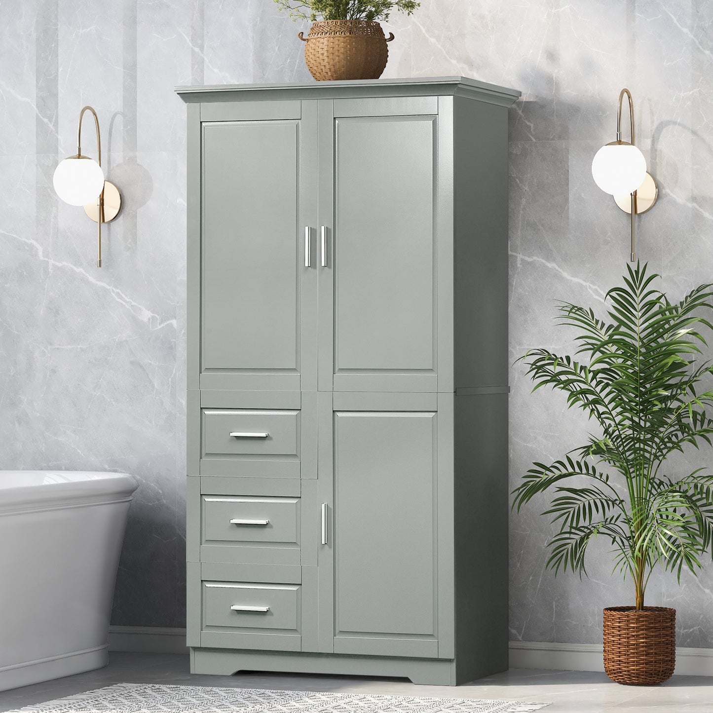 Tall And Wide Storage Cabinet With Doors For Bathroom Office, Three Drawers, Grey Old SKU WF299285AAG N725P331357E