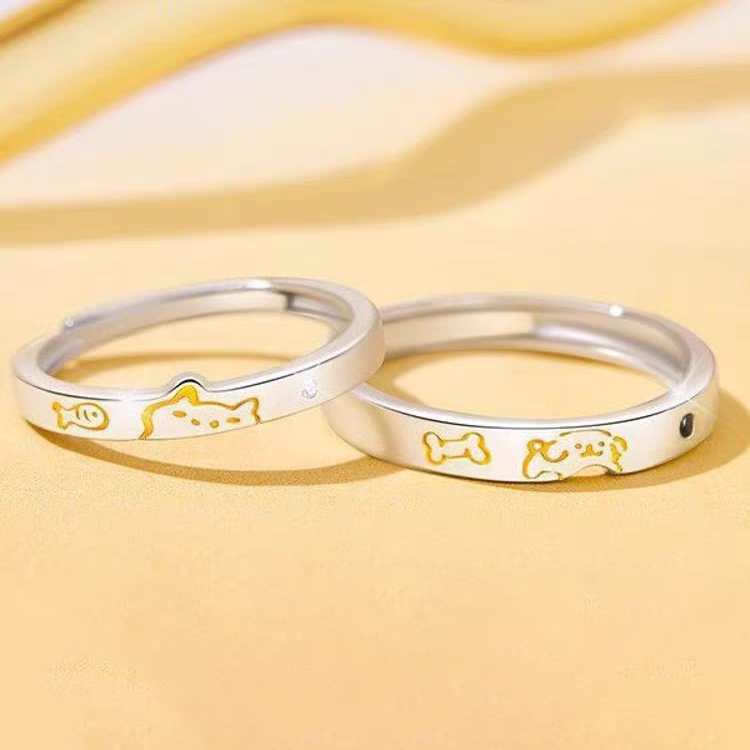 1 Pair 999 Sterling Silver Cat & Dog Couple Rings, Cute Two-Tone Design, Suitable For Daily Wear & Valentine's Gifts