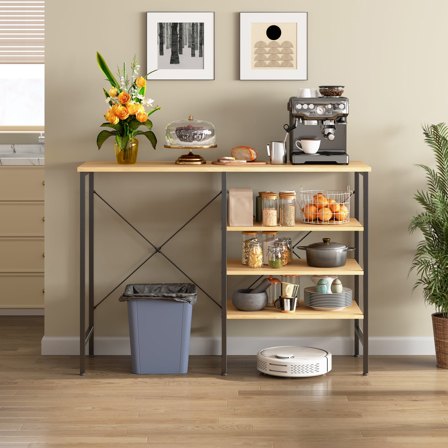 Multifunctional Side Table, Freely Combinable Organizer Table With Black Metal Frame & Wood Look Top, Flexibly Mountable For Kitchen, Living Room, Basement & Garage, 120x40x85.5cm