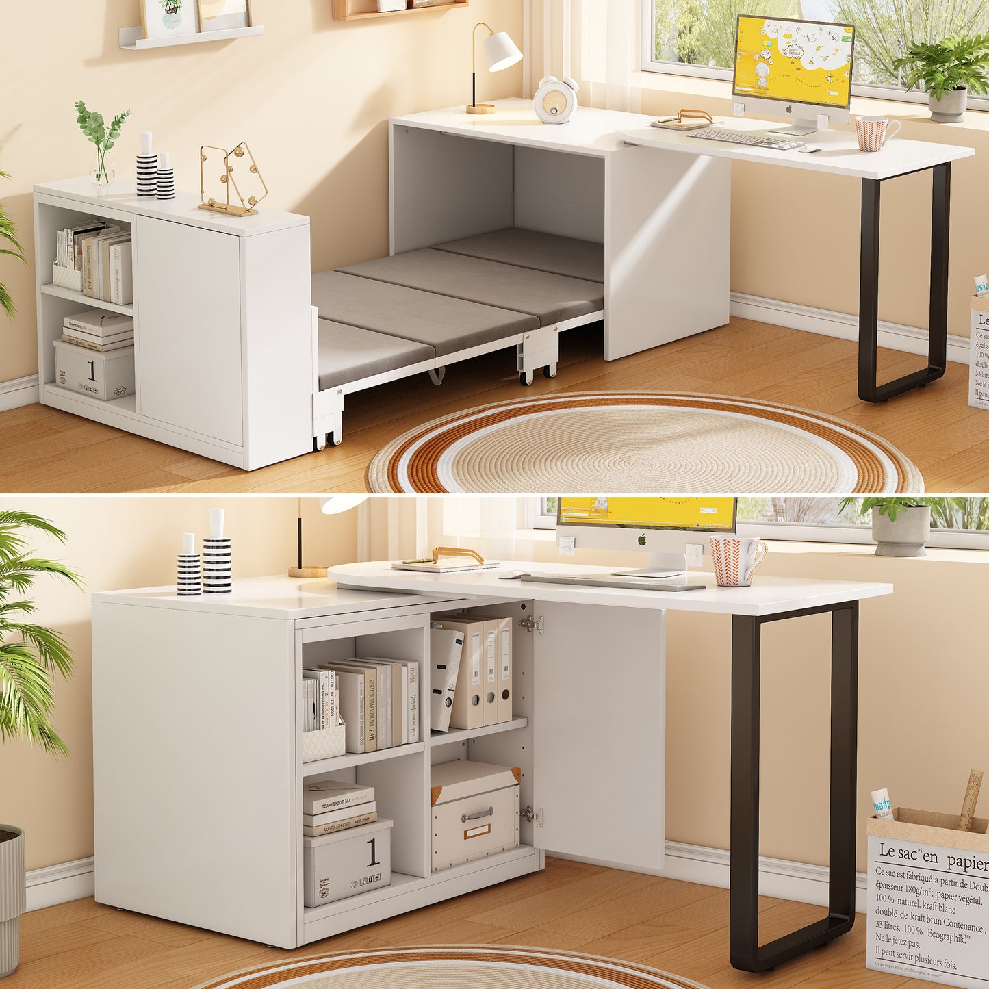 This 2-in-1 Desk And Folding Bed Feature A Metal Bed Frame And Legs, A 4cm Thick Mattress, Castors, A Single Cabinet With Two Storage Compartments And Are White.