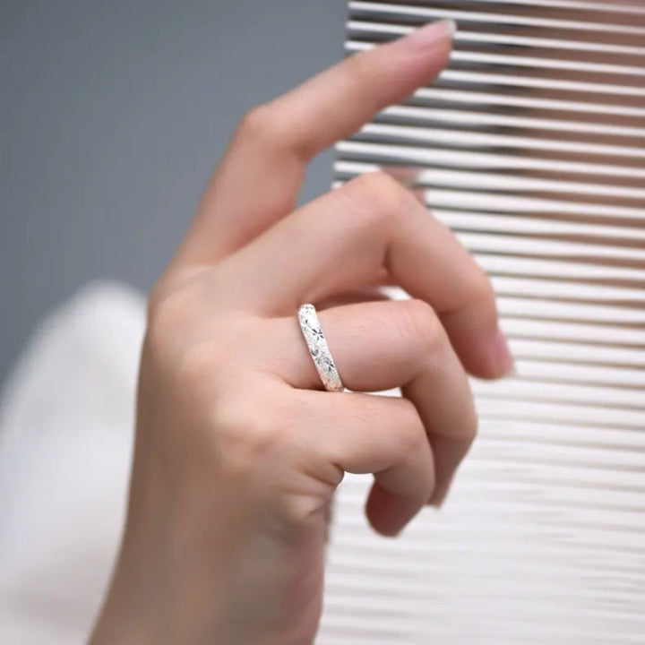 1 Pair 999 Sterling Silver Sparkling Starburst Couple Rings, Polished Carved Style, For Daily Wear & Valentine's Gifts