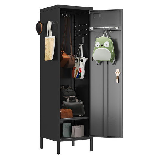 SUPEER 1 Door Metal Storage Lockers With Handle And Hanging Rod,Metal Locker For Employees With Pegboard And Hooks For Home,Office,Gym, School,Assembly Required,Black