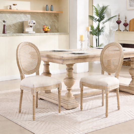French Country Dining Chairs Set Of 2, Upholstered  Chairs With  Rattan Round Back, Wire Drawing And Carving Techniques ,Disassemblable ,  For Living Room, Kitchen , Restaurant Use, Beige