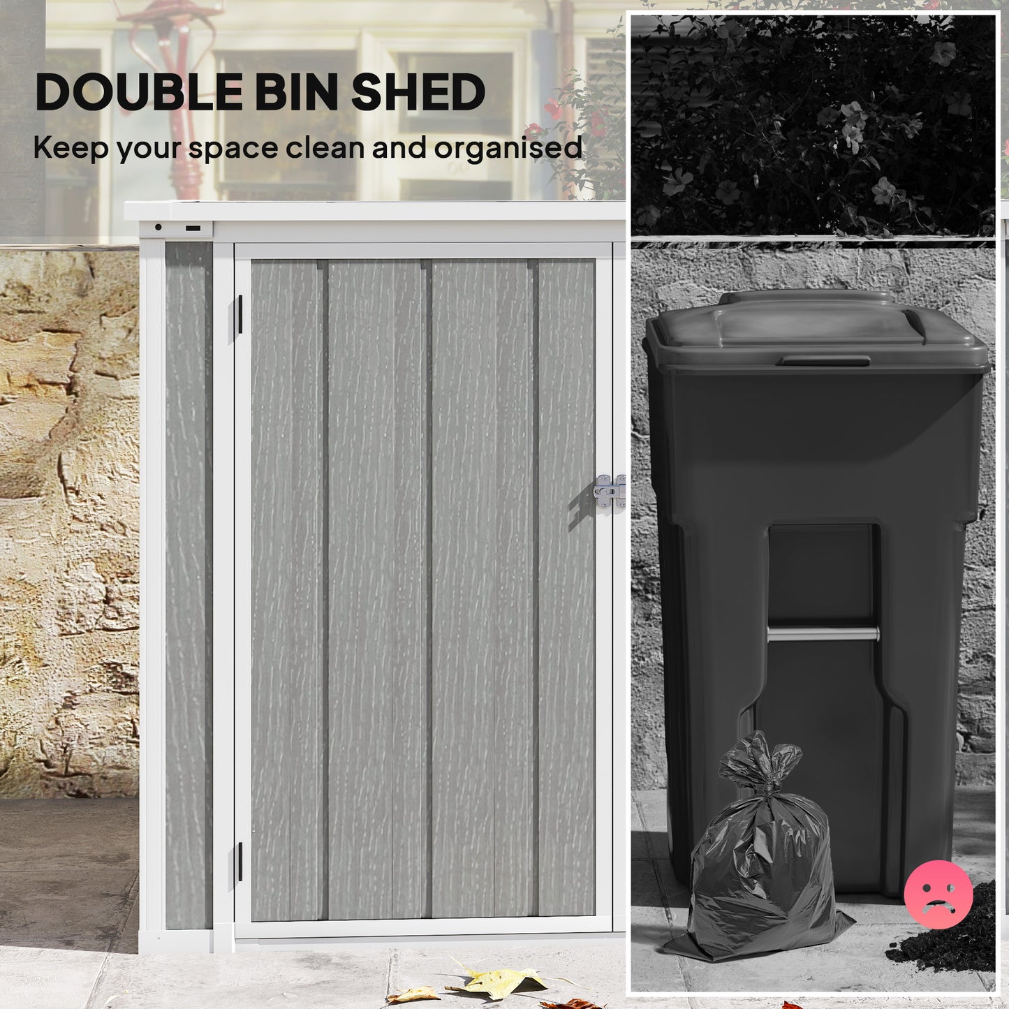 4.7 X 2.5FT Garden Shed, Double Bin Storage Shed With Lockable Doors, Outdoor Small Shed With Openable Lid For 2 Trash Cans, Garden Tools, Grey