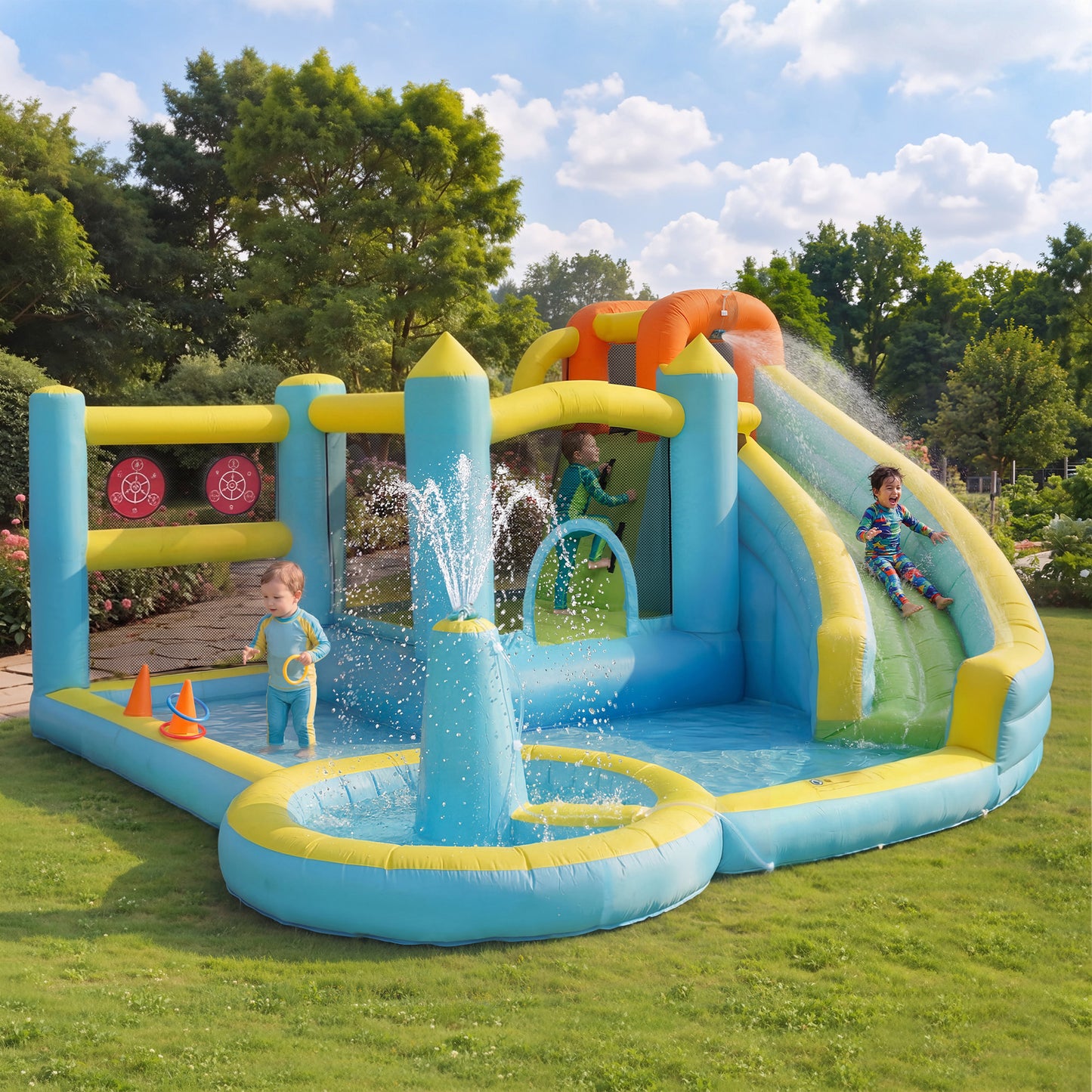Kids Bouncy Castle Water Park Water Slide Pool Inflatable Water Play Castle Kids Outdoor Garden Water Playground, With Blower, Inflatable Size 430X390X210cm